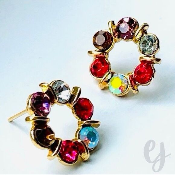 Jubilee Bejeweled Stud Earrings with Faux Topaz Amethyst & Aurora Borealis - Picture 1 of 8